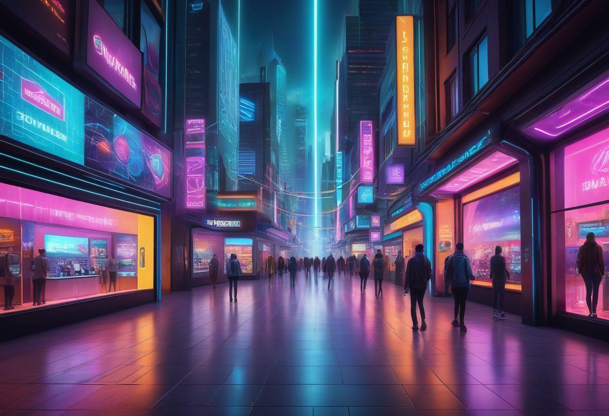 A bustling digital marketplace with vibrant neon signs showcasing various promotions and discount tags, featuring shoppers engaging through VR headsets and holographic displays. Background filled with futuristic cityscape and virtual storefronts overlayed with network cables interconnected. super-realistic. vibrant colors. futuristic touch.
