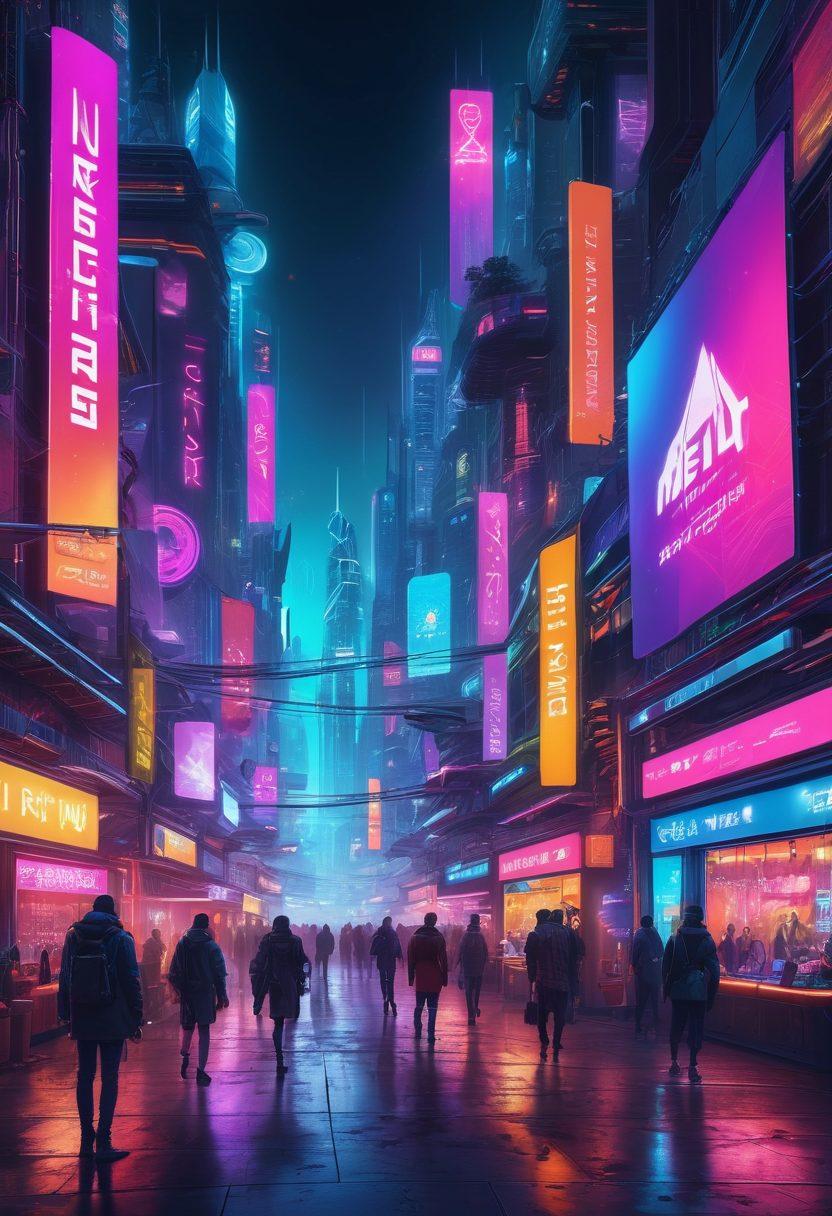 A dynamic scene of a bustling digital marketplace filled with colorful banners and signs advertising exclusive cyber deals. Shoppers are browsing and making purchases on high-tech devices, with a background of neon-lit, futuristic cityscape. Include images of both web offers and IP services prominently displayed. cyberpunk. vibrant colors. super-realistic.